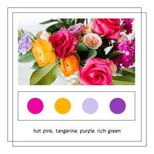 Vibrant wedding flowers in hot pink, peach, purple and plum to match big love and make disco dreams come true!